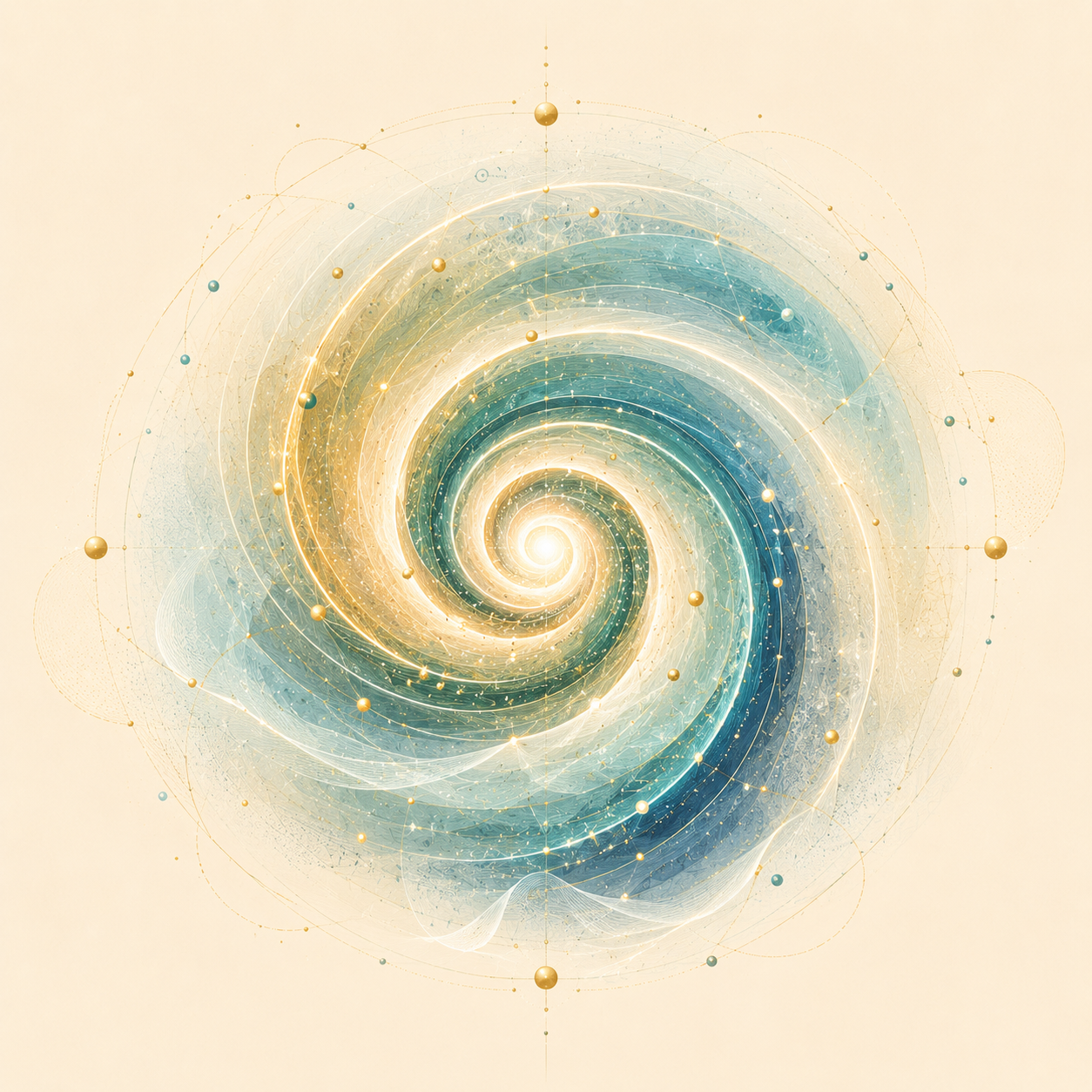A digital abstract spiral galaxy with glowing golden and blue hues, surrounded by intricate geometric patterns and small spheres in a celestial style.