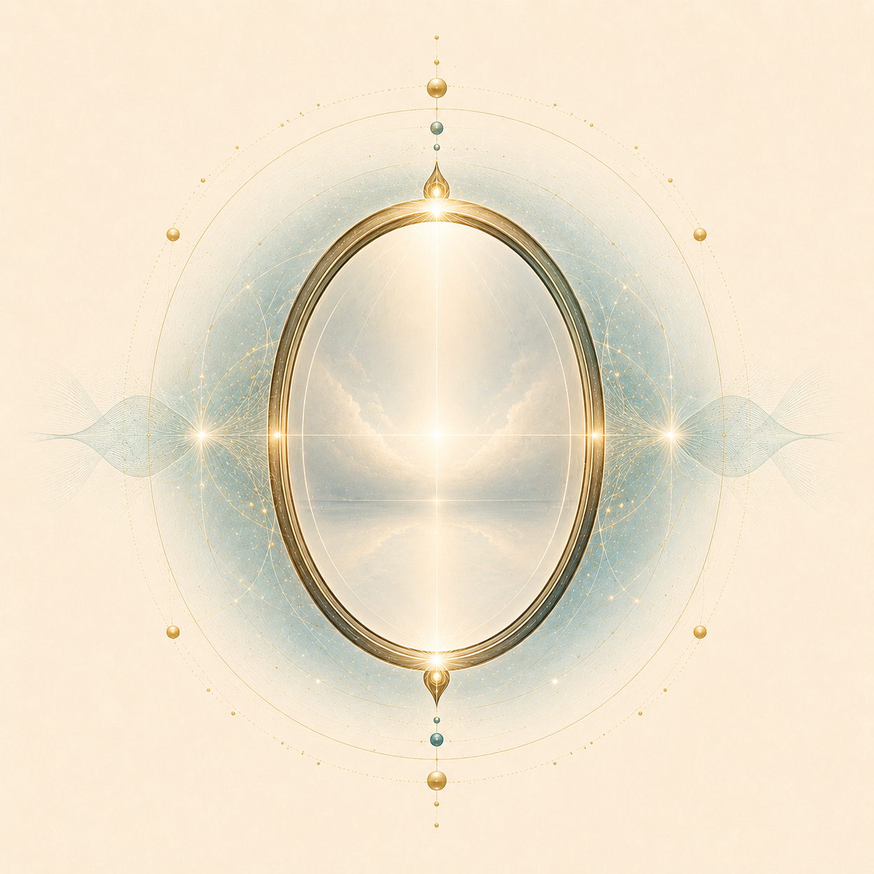 A mystical and ornate mirror with a celestial design, featuring a sky with clouds reflected inside an oval frame, surrounded by geometric and star-like patterns in gold and sky blue colors.