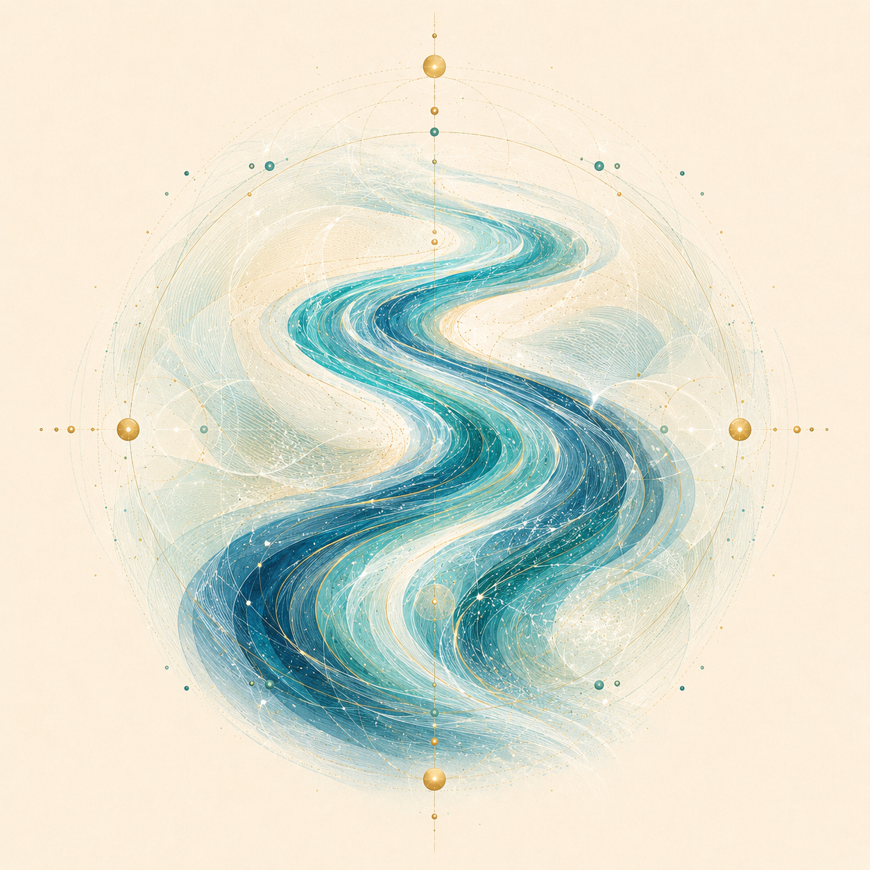 An artistic illustration of a flowing river with abstract, geometric patterns surrounding it, in shades of blue, beige, and gold.