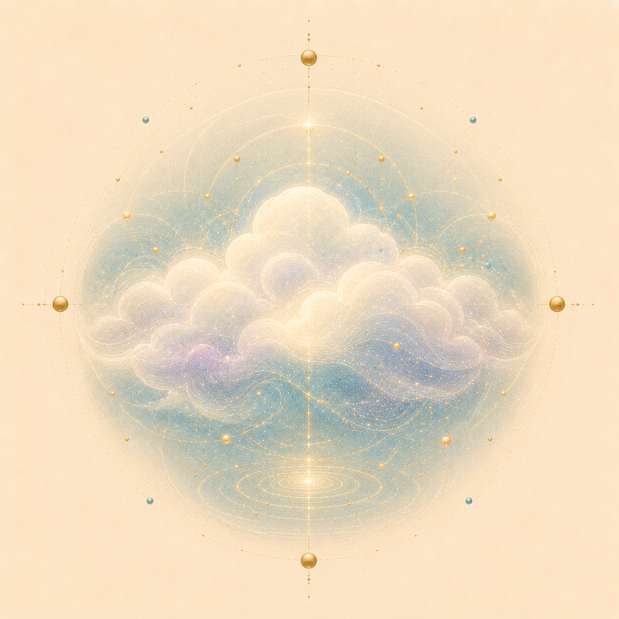 A digital illustration of a glowing cloud with geometric patterns, stars, and orbs around it, set against a light beige background.