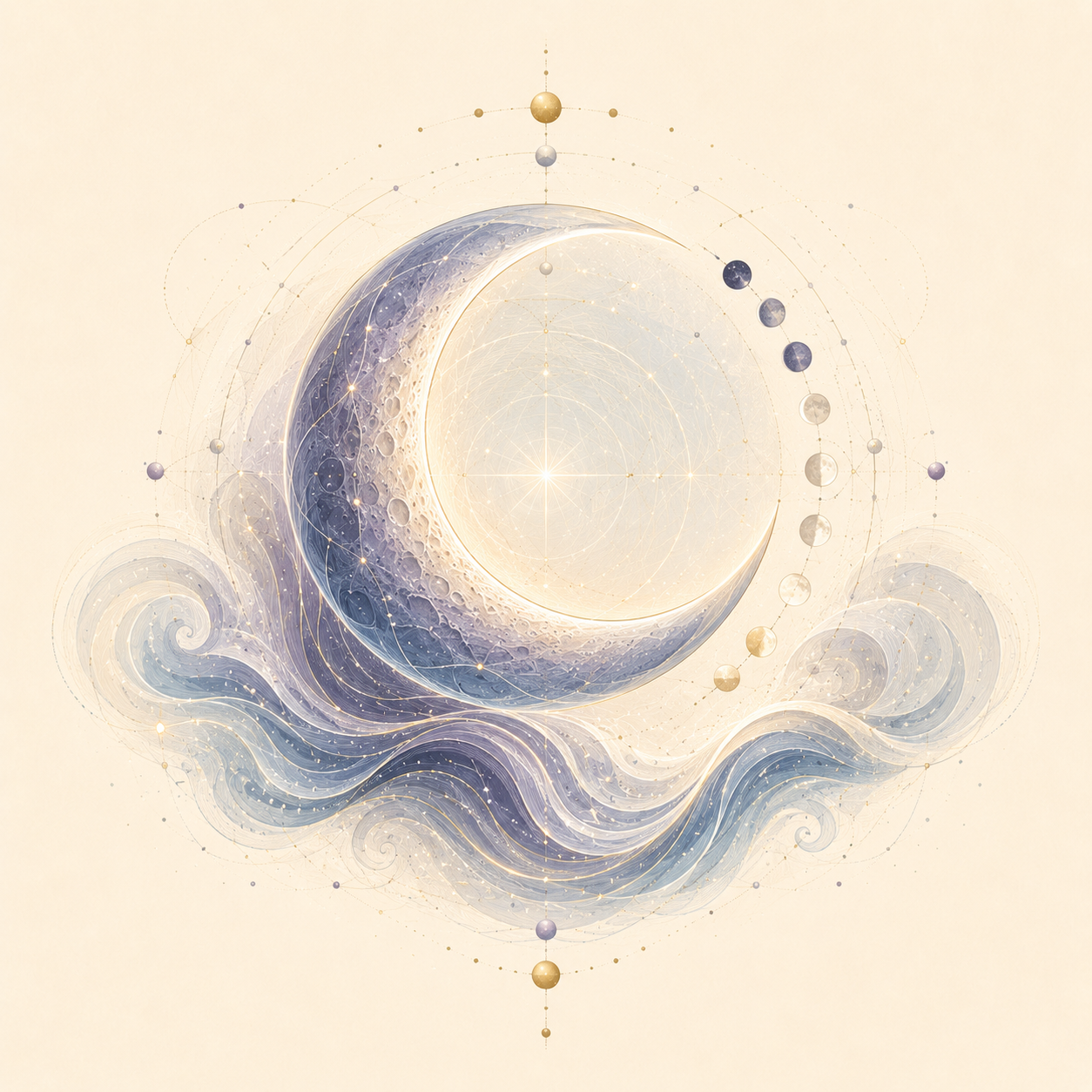 Artistic depiction of a celestial scene with a large crescent moon, swirling clouds, and orbital planets, with a glowing star at the center.