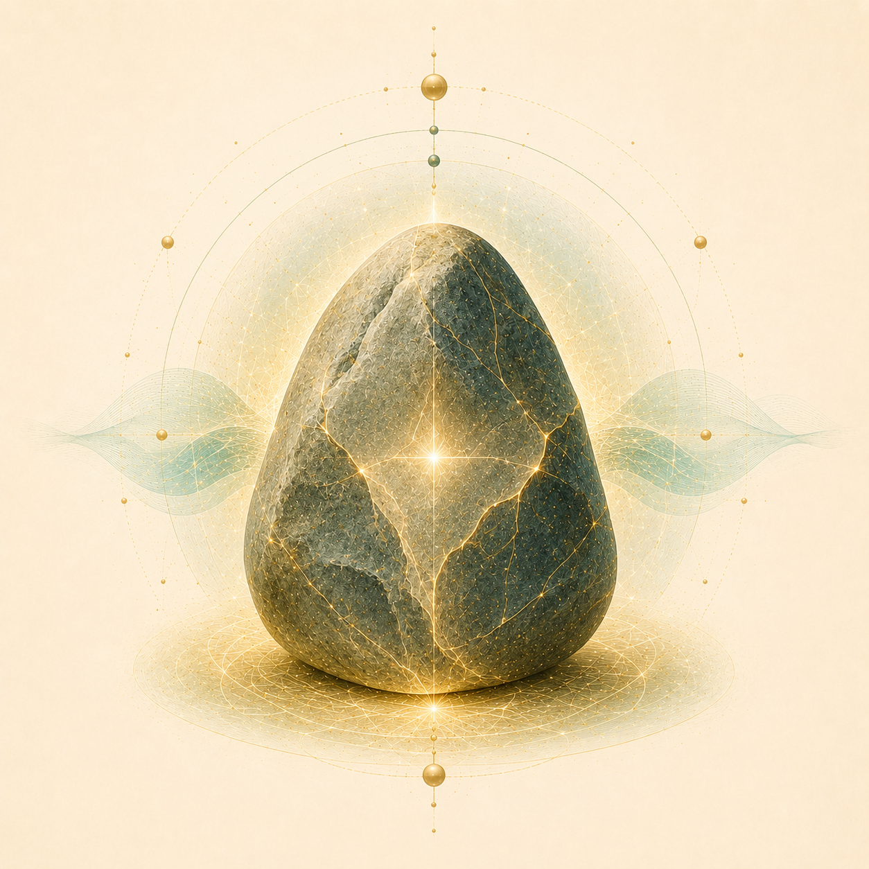 A stone with glowing golden veins, surrounded by abstract geometric and wave-like patterns, and luminous points, creating a mystical or futuristic visual.