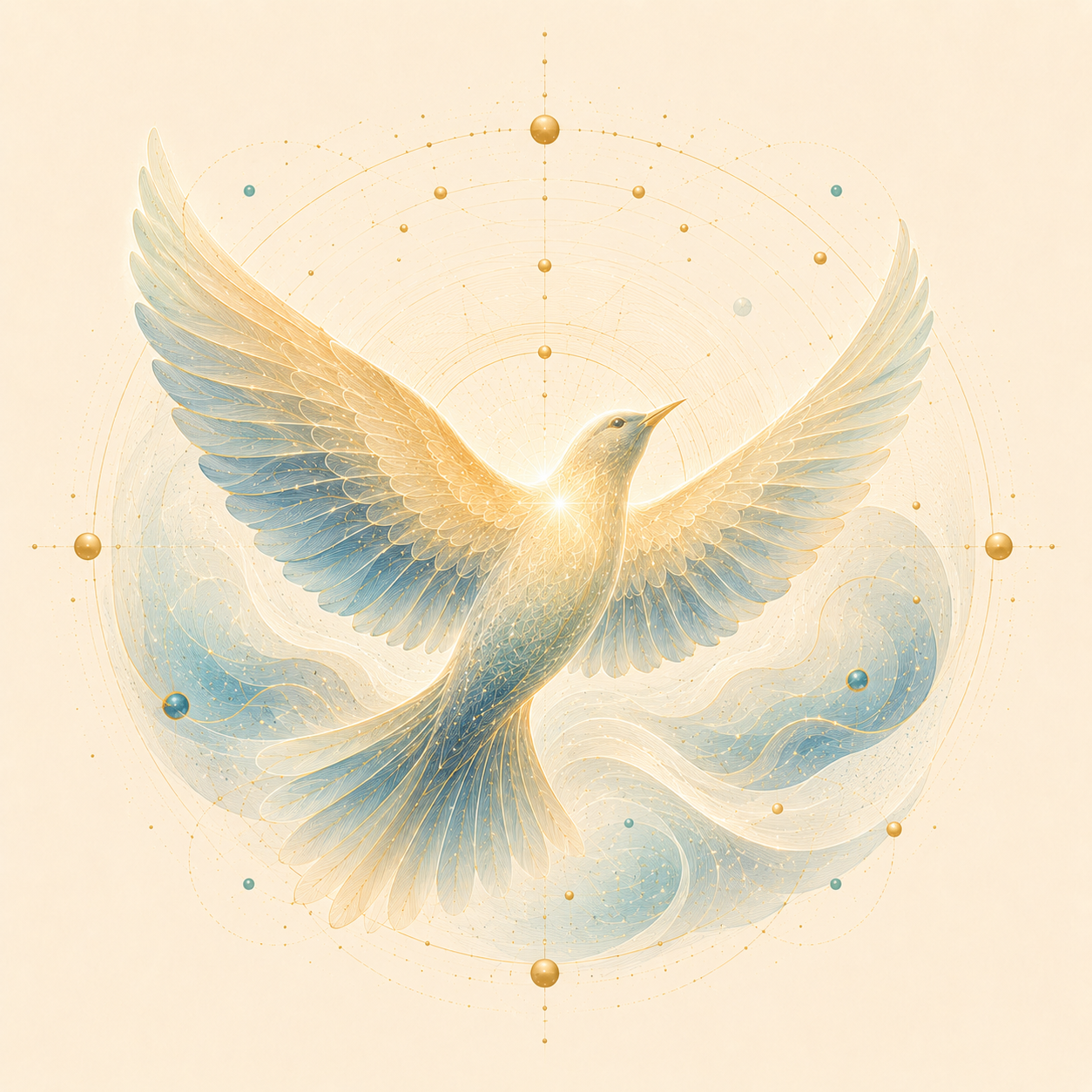 A digital art depiction of a luminous dove with outstretched wings, surrounded by celestial orbs and abstract cosmic patterns, symbolizing peace and spirituality.
