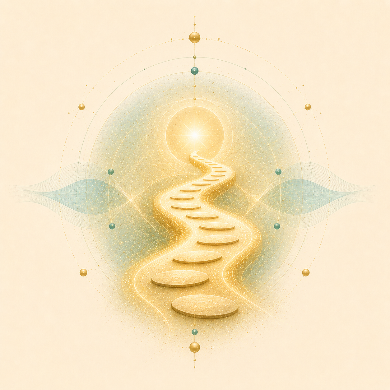 A glowing, golden, winding path leading upward with a bright light at the end, surrounded by an abstract, geometric background with circular and wave patterns, symbolizing a spiritual or metaphysical journey.