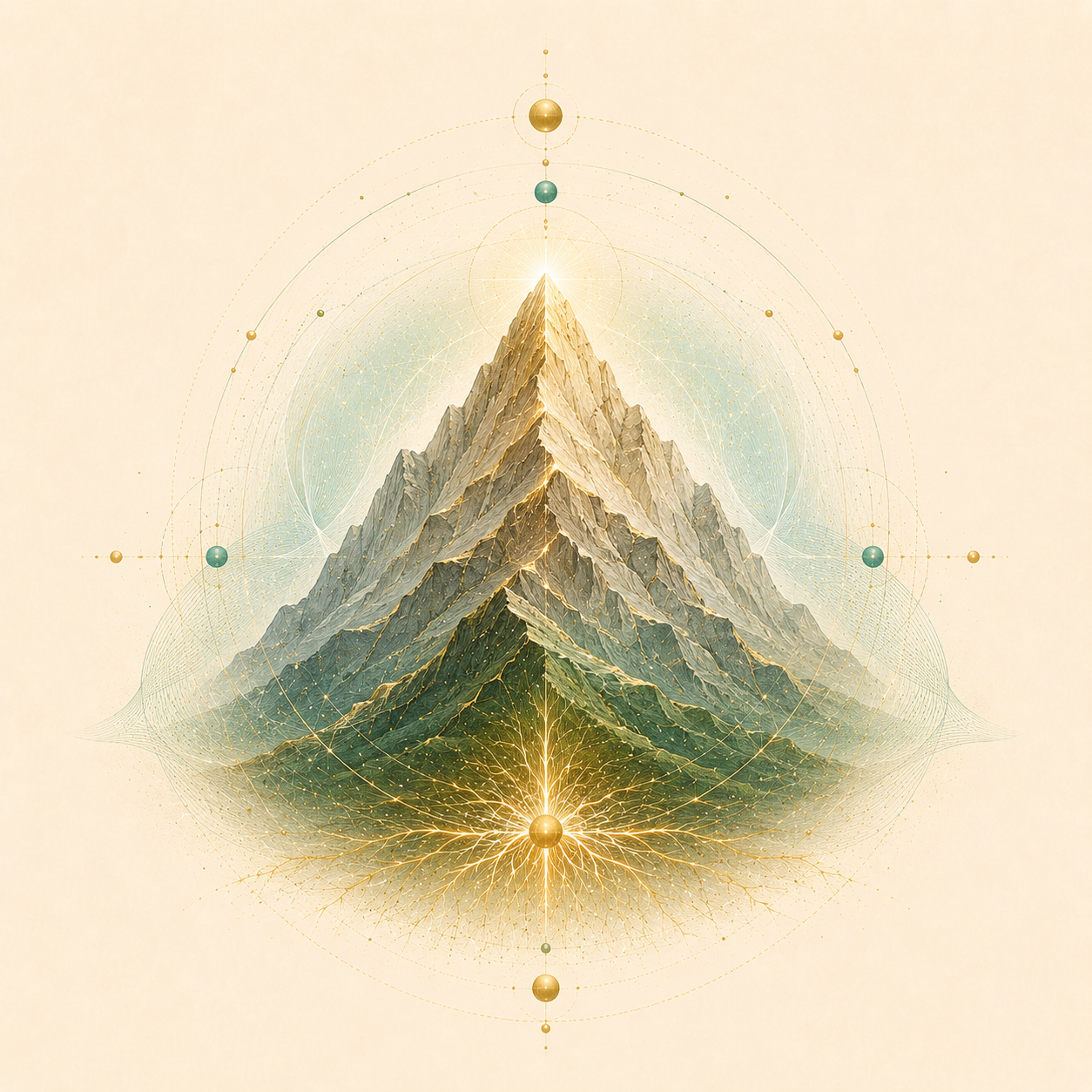 A stylized mountain peak surrounded by geometric lines and spheres, with glowing orbs at the top and bottom, creating an abstract, sacred geometric design.