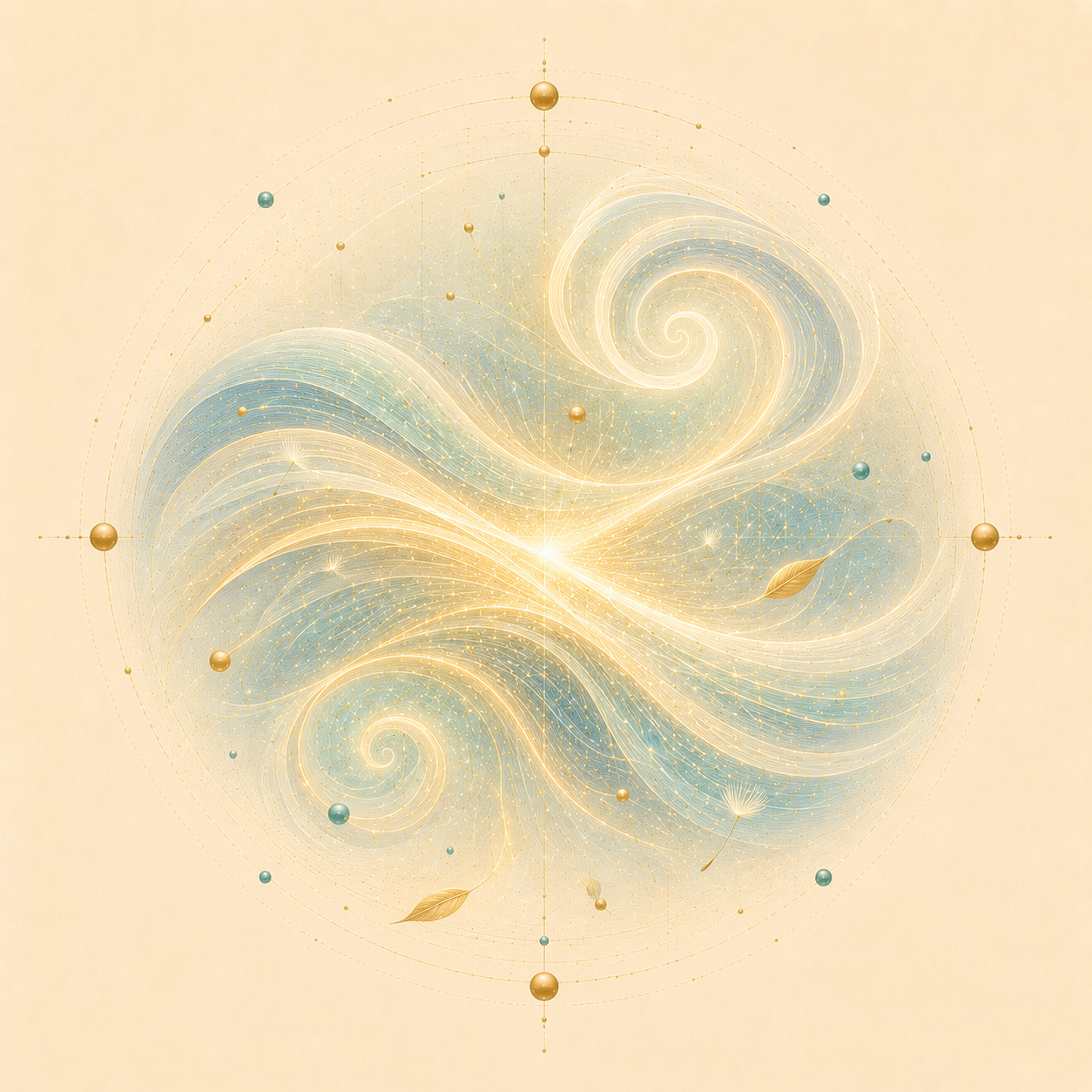 Digital artwork depicting swirling cosmic patterns with light trails, spheres, and celestial elements in gold and blue hues.