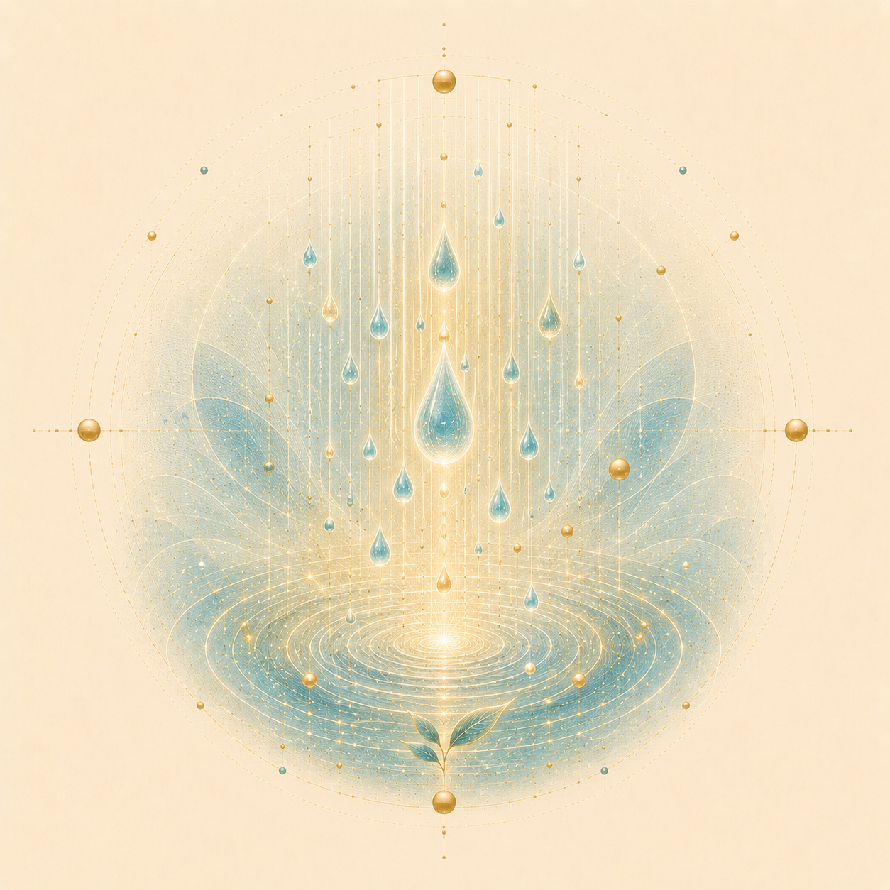 Geometric digital artwork depicting water droplets, golden spheres, a water lily, and intricate lines forming a symmetrical, luminous pattern.