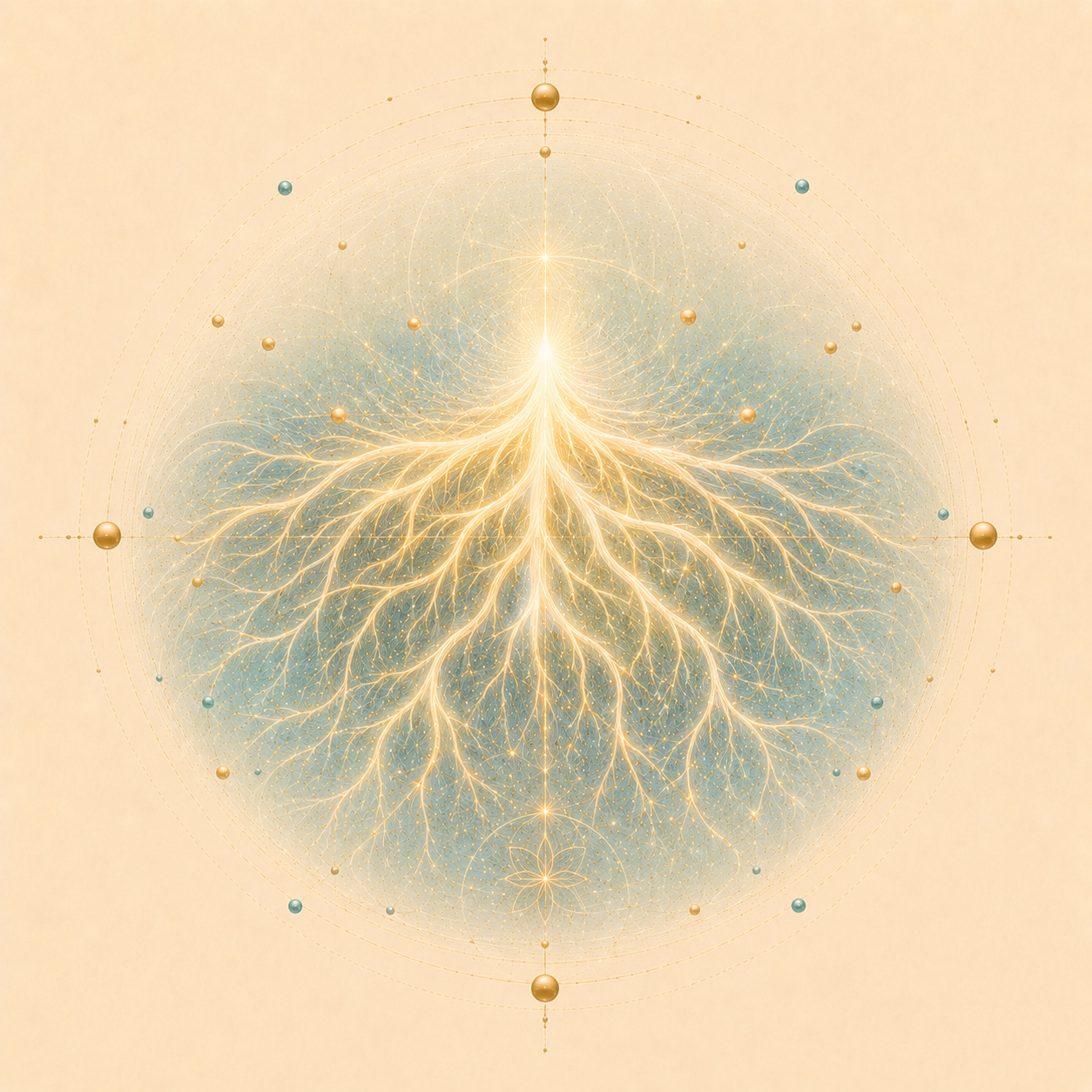 An abstract digital artwork resembling a glowing tree with intricate branches, set against a soft beige background with circular geometric patterns and small spheres surrounding it.