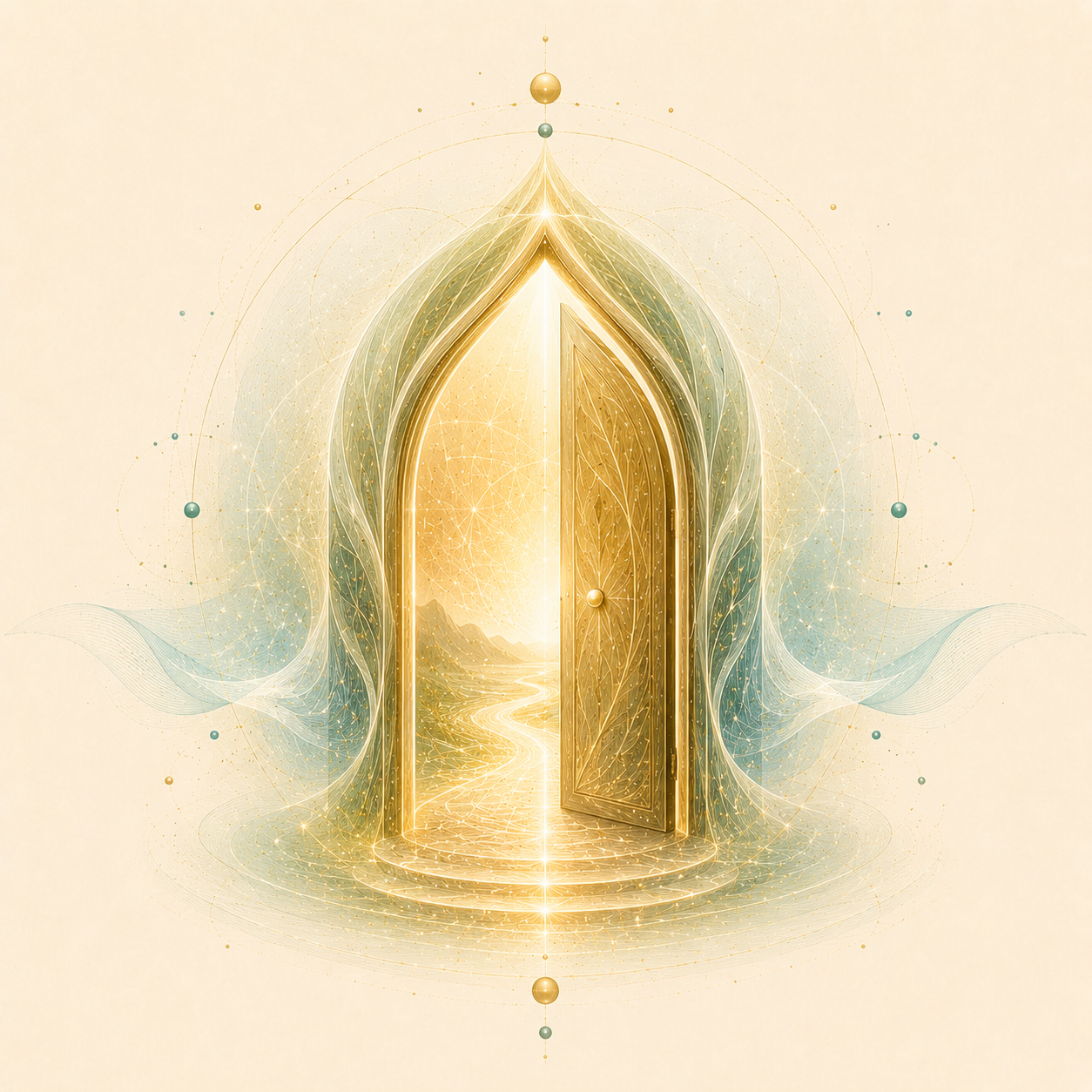 An ornate, glowing golden doorway opening to a bright landscape with mountains and a river, surrounded by intricate, luminous patterns and geometric designs.