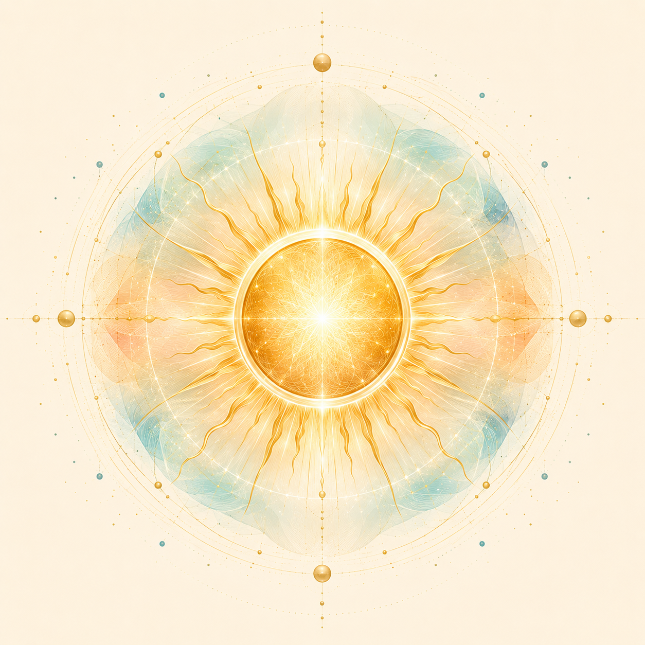A digital art illustration of a radiant, abstract sun with intricate geometric patterns and glowing lines, surrounded by symmetrical celestial elements in warm golden and soft pastel colors.