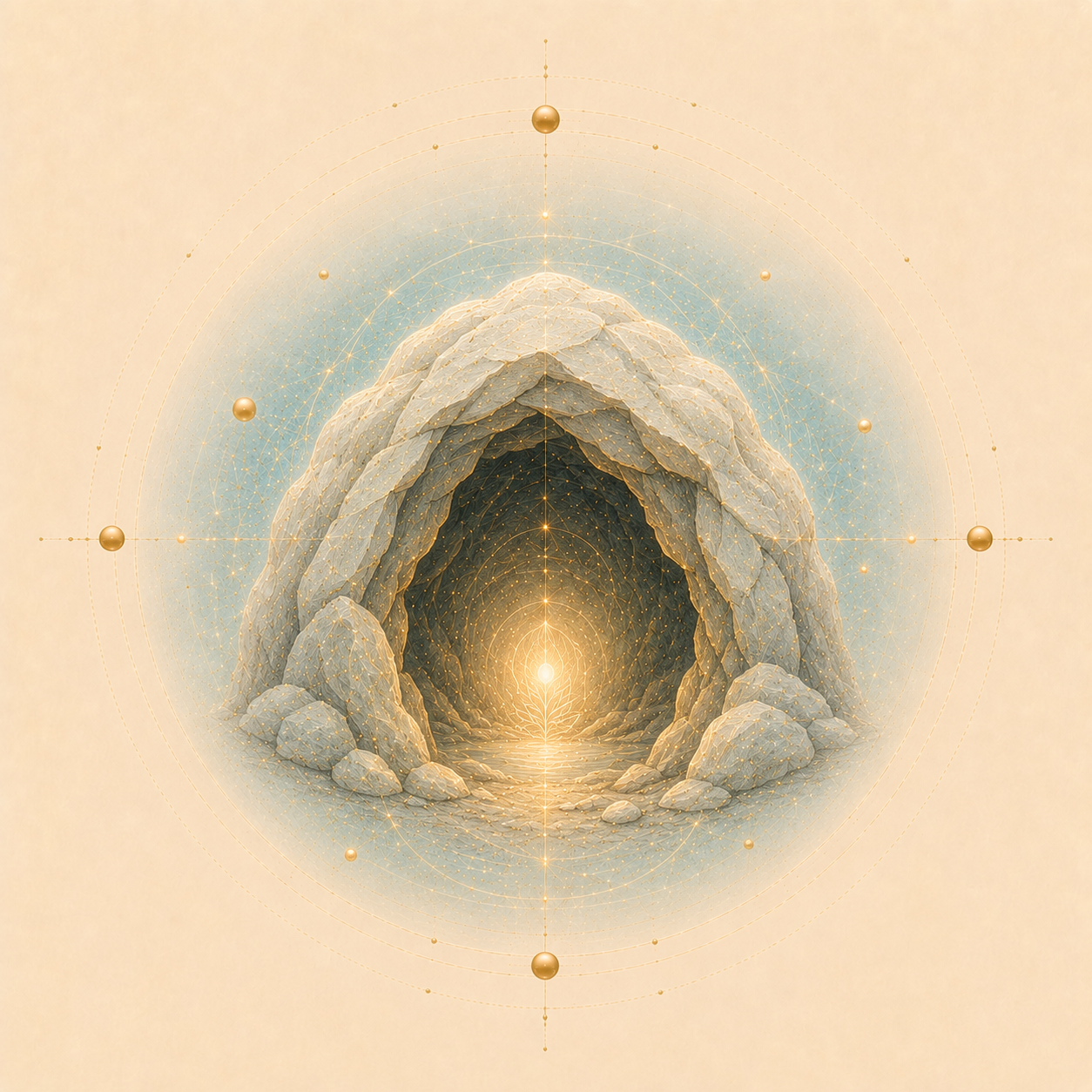 A digitally illustrated cave with glowing golden light at the entrance, surrounded by celestial and geometric patterns, with a soft pastel background.