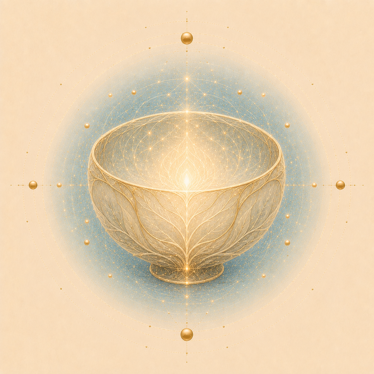 An intricately designed glowing golden bowl with a complex geometric pattern, surrounded by concentric circles and small golden spheres, set against a soft, light background.