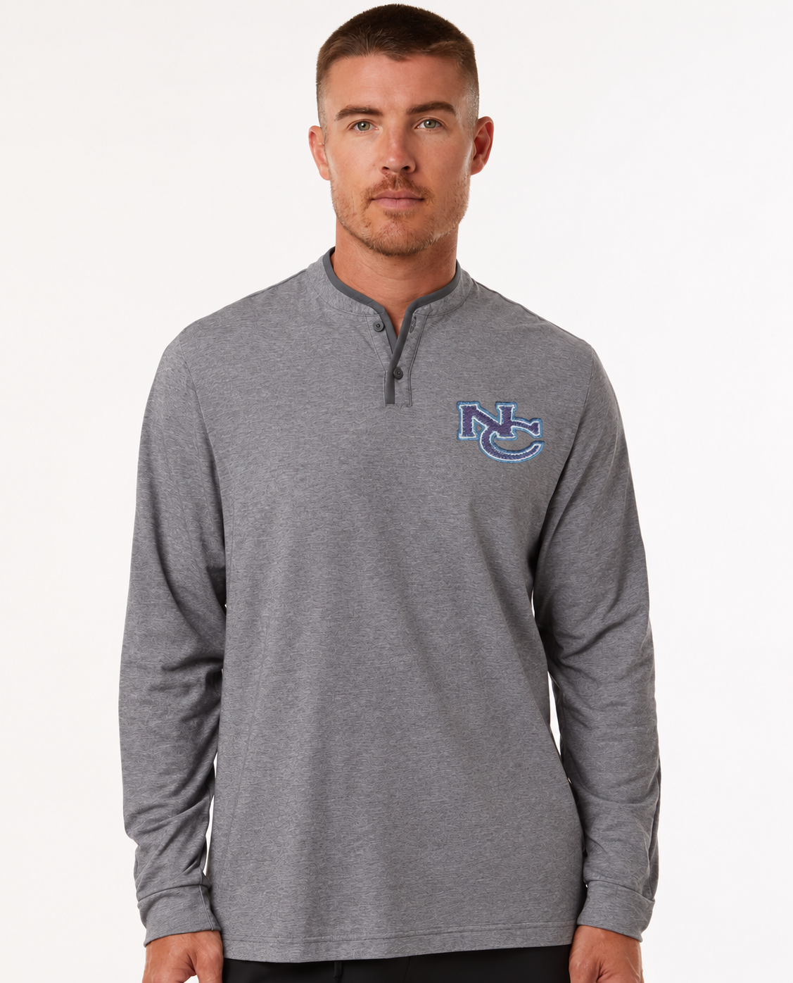 Athletic Model in Gray Henley with NC Logo.png