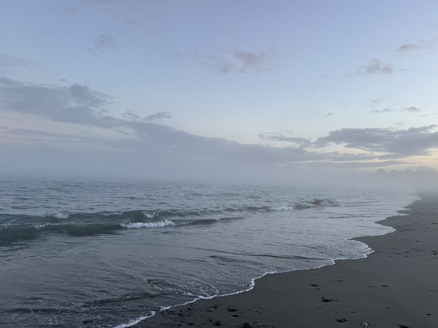 A beach scene at dusk with calm waves lapping against the sandy shore, light mist over the ocean, and a cloudy sky with soft pastel colors.