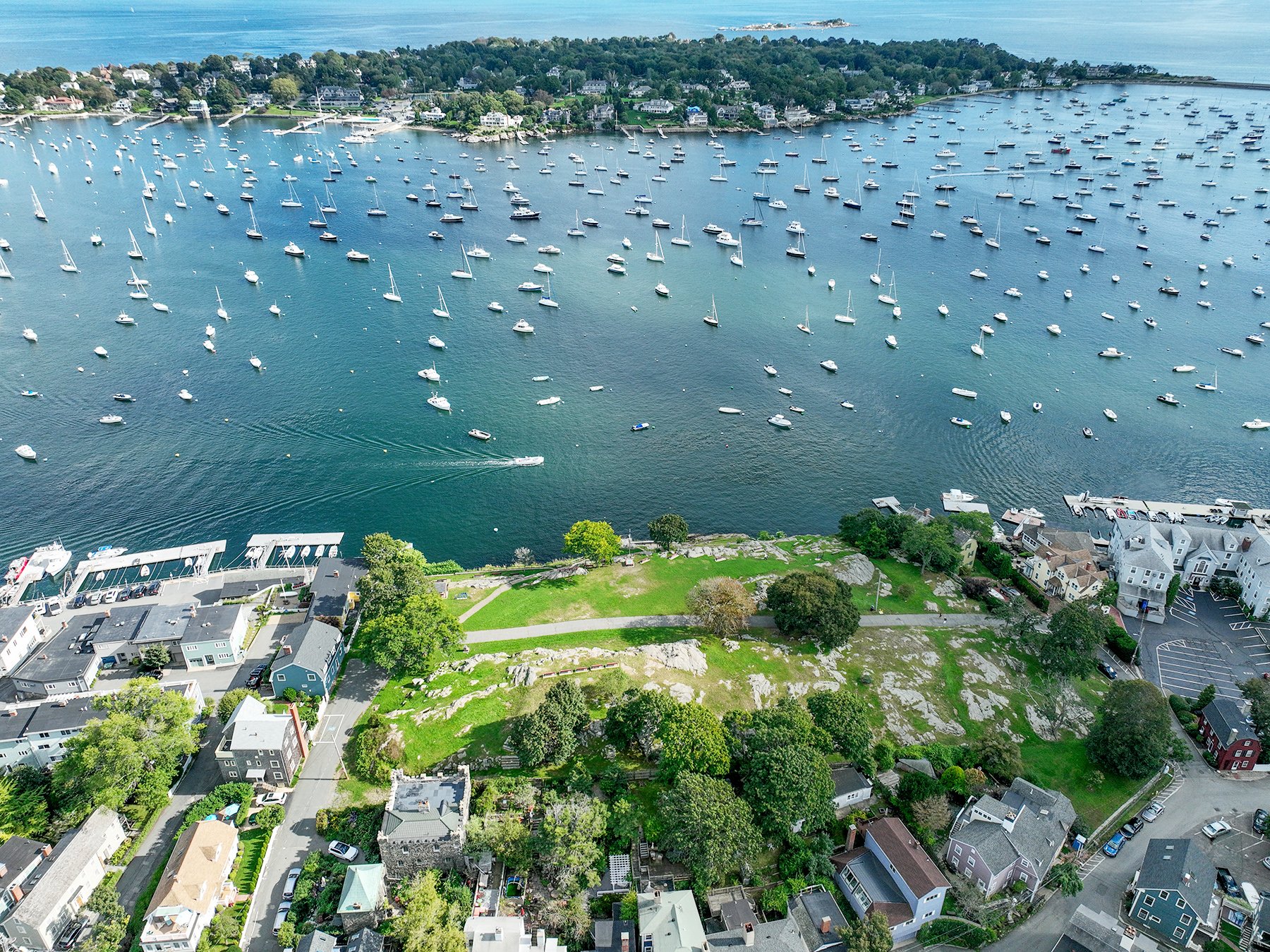 Aerial view of a harbor with numerous boats and yachts, residential houses along the shoreline, and a green park area.