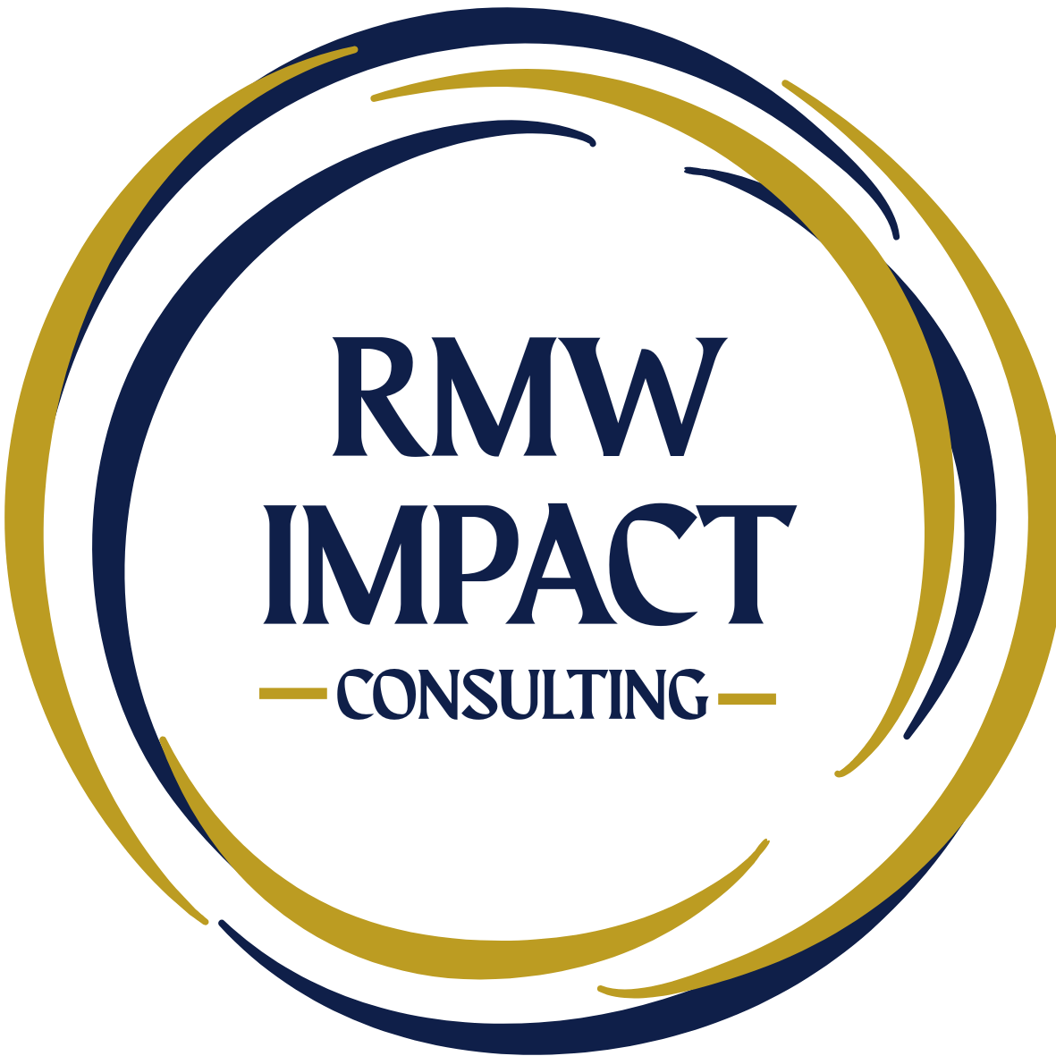 Circular logo with navy blue and gold rings, containing the text "RMW IMPACT CONSULTING" in navy blue.