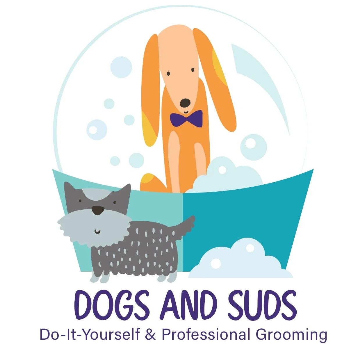 Illustration of a dog with a bow tie and a gray dog with a beard in a bathtub filled with soap bubbles, with text "Dogs and Suds" and "Do-It-Yourself & Professional Grooming."
