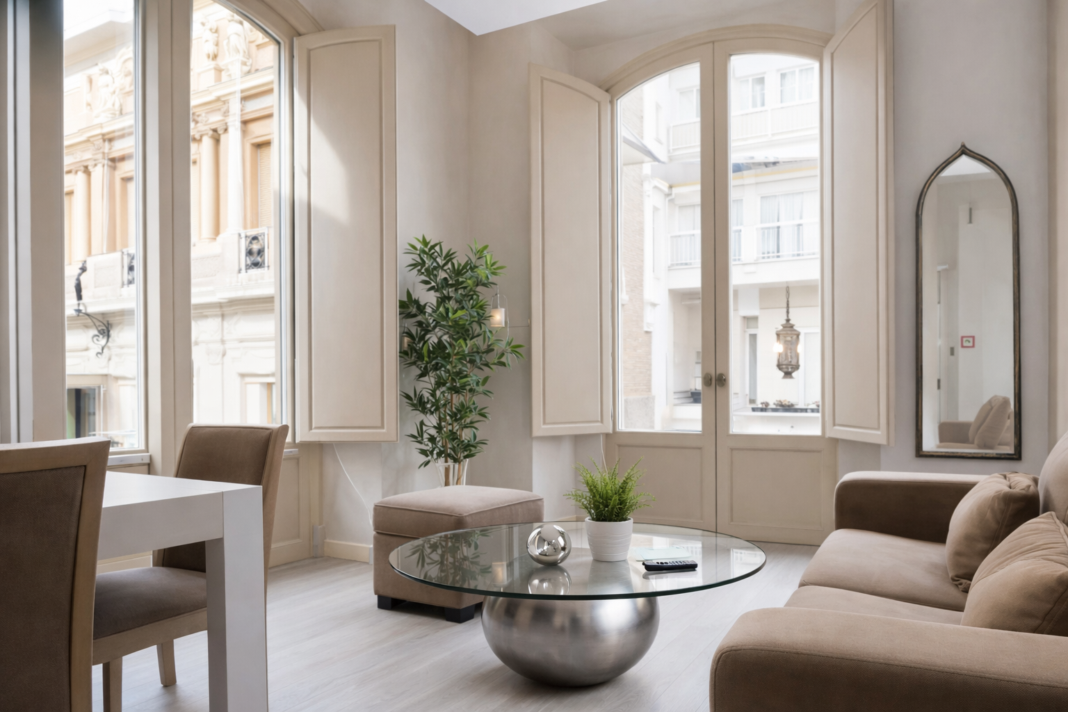Modern living room with large windows, beige sofa, glass coffee table with metallic base, potted plants, and a mirror on the wall.