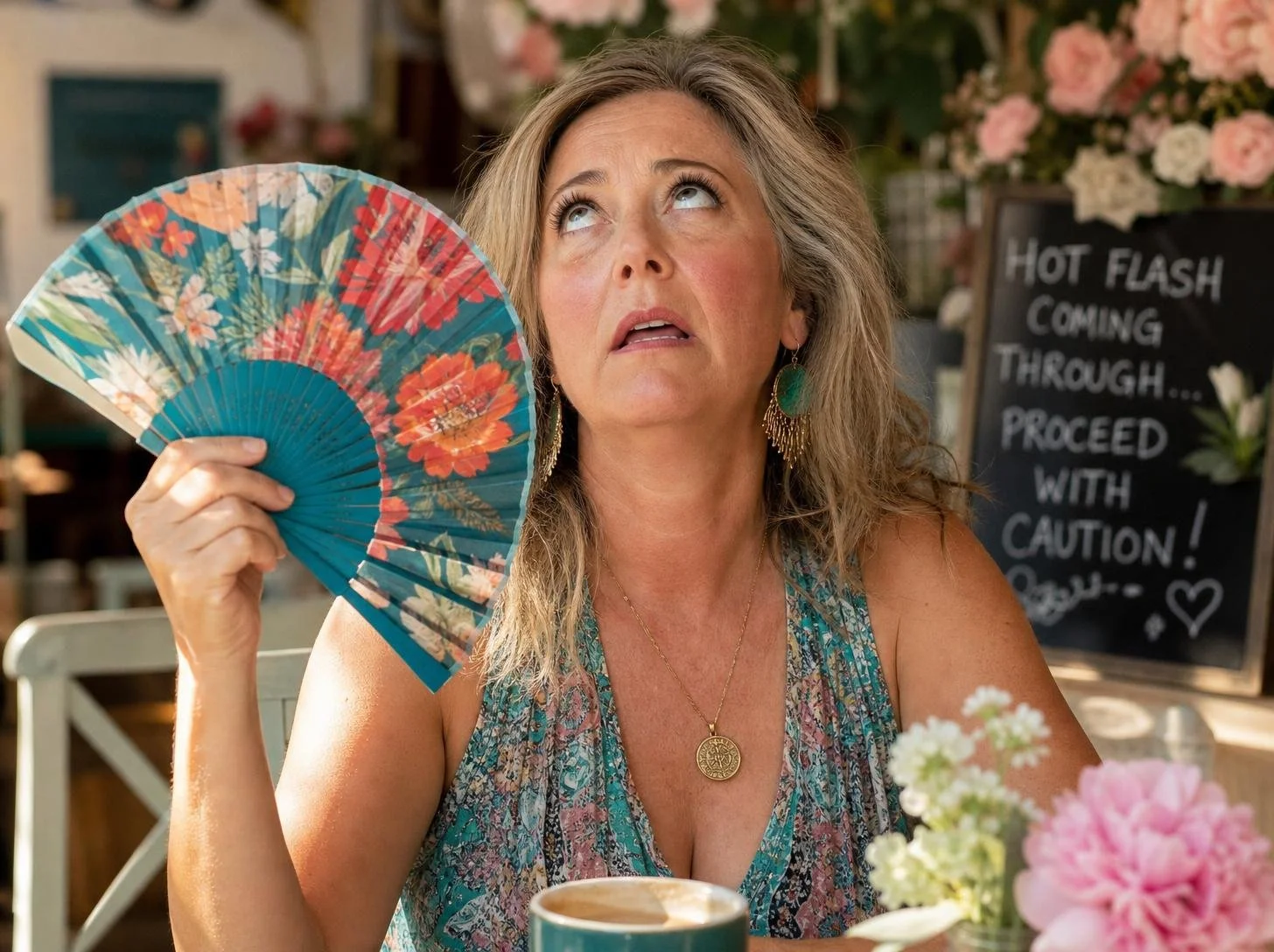 menopausal woman with a hot flash using a fan