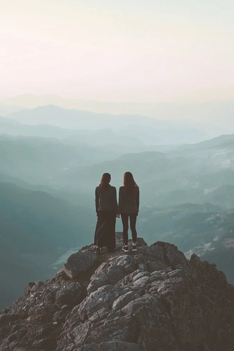 Two women standing on a rocky mountain peak, holding hands and overlooking a mountain range.