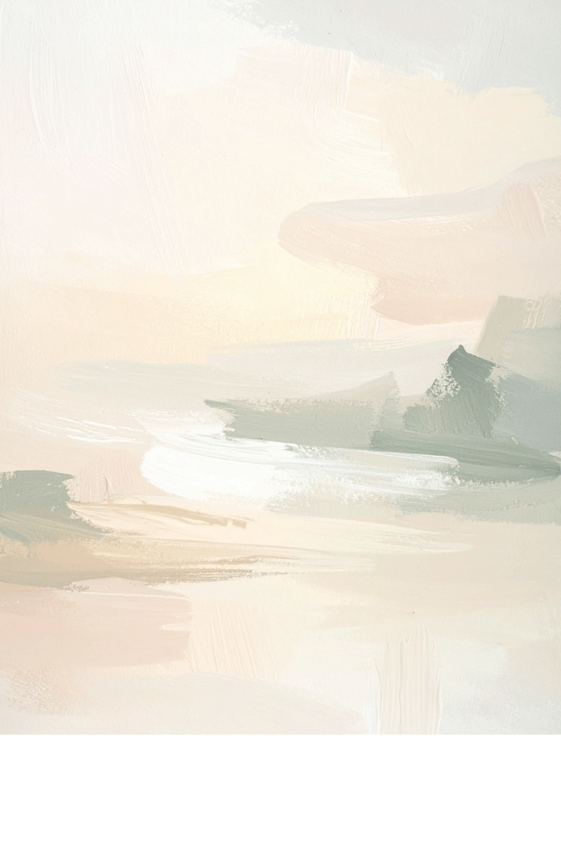 Abstract landscape painting with soft pastel colors, depicting a sky and distant mountains.