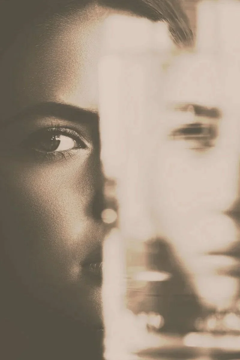 Close-up of a woman's face, with one eye and part of her lips visible, partially obscured by blurred, reflected images.