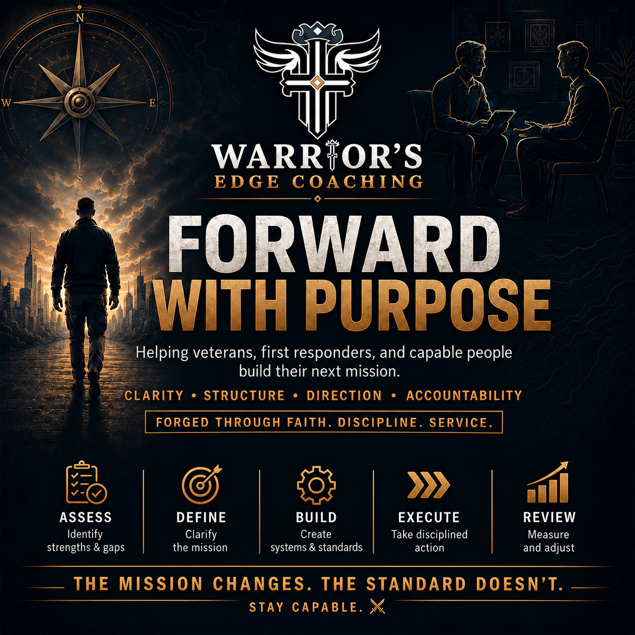 A promotional graphic for Warrior's Edge Coaching with the theme 'Forward with Purpose'. It features a silhouette of a person walking toward a city skyline at sunset, a compass rose, and two people in a discussion. The graphic emphasizes leadership, planning, and action, with icons and text about assessing, defining, building, executing, and reviewing missions.