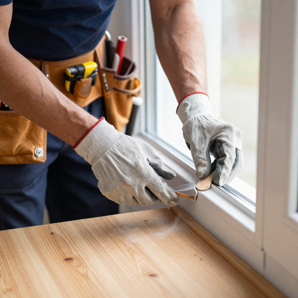 A person wearing gloves and a tool belt installing window trim with a putty knife and scraper.