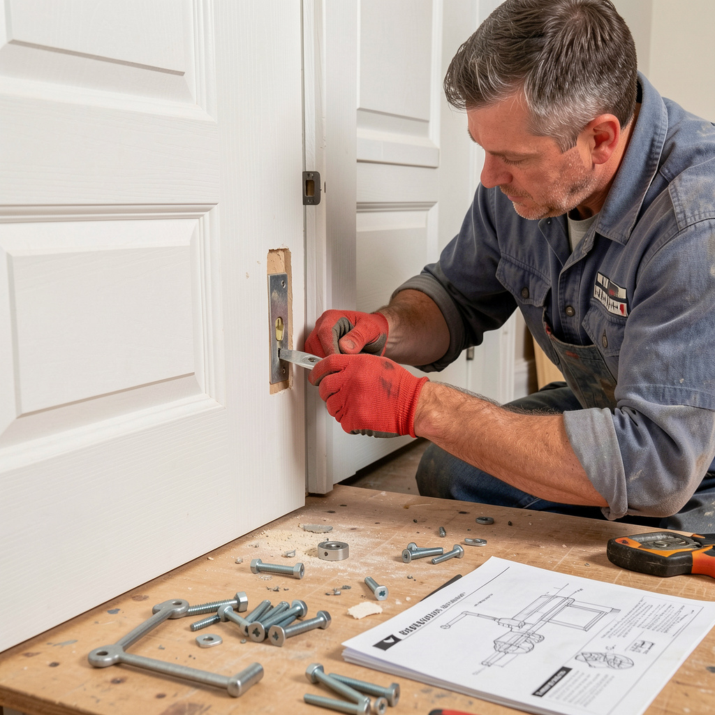A man wearing red gloves and a gray work shirt is installing a lock on a white door, using a level and various screws and tools spread on the floor.