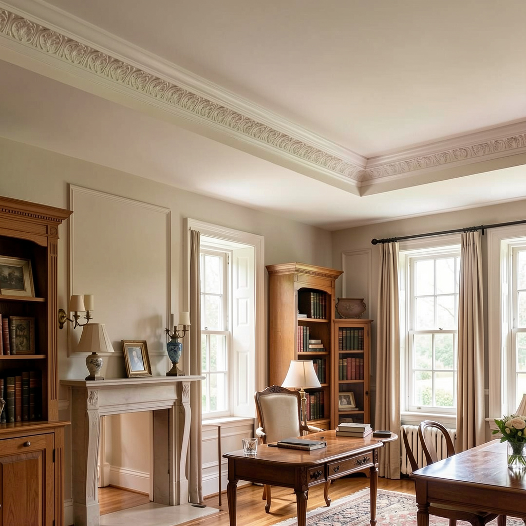 Sunlit study with wooden furniture, bookshelves, a fireplace, and a large window with curtains.