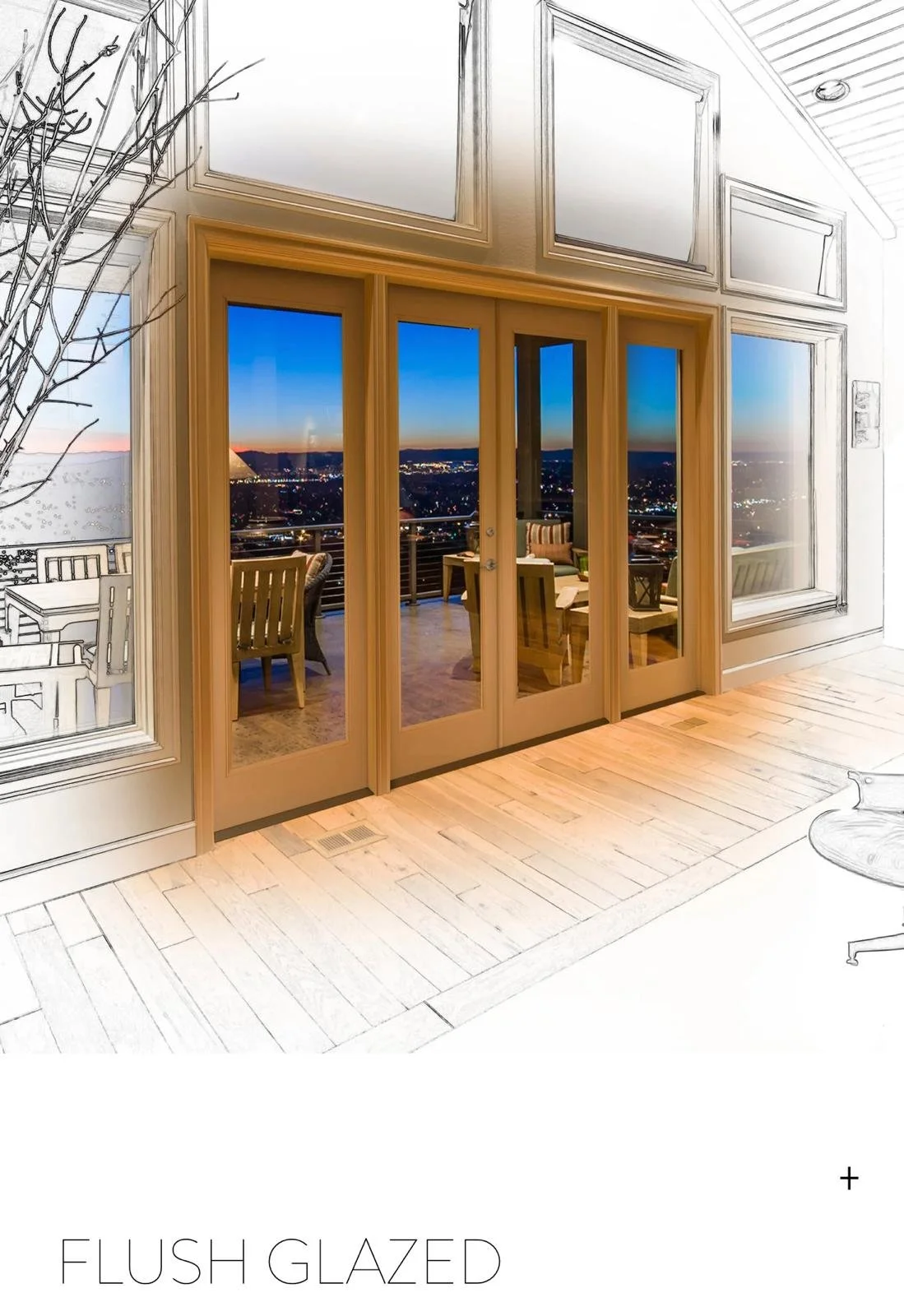 A room with a transitioning view from a sketch to a photo. The lower part of the image shows a wooden floor, with a sketch of a room including a table, chairs, and a potted plant. Above, a photo of a glass door and windows overlooking a city skyline at dusk. The words "FLUSH GLAZED" are written at the bottom.