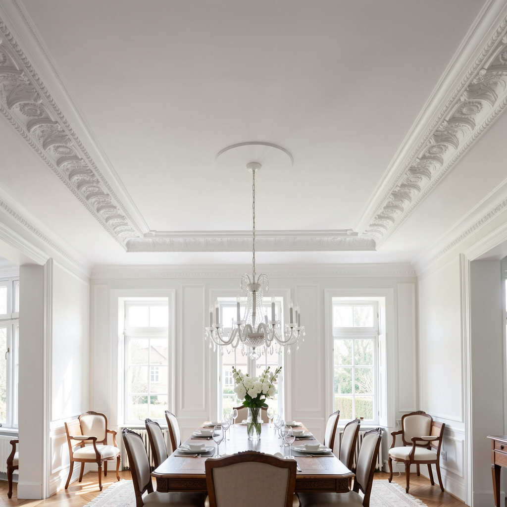 Elegant dining room with a long wooden table, white upholstered chairs, a chandelier, and a vase of white flowers, bright sunlight streaming through large windows.