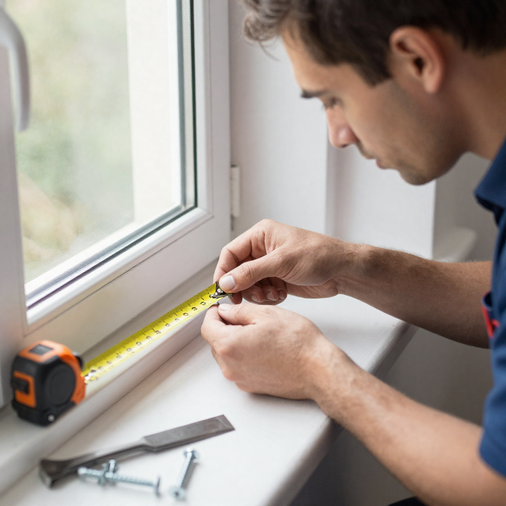 A man measuring the width of a window frame with a yellow tape measure.