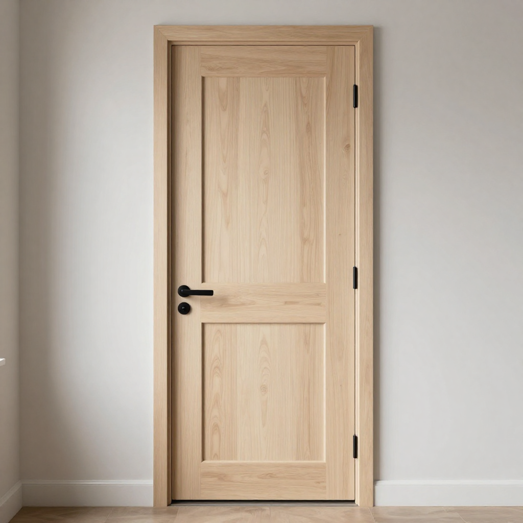 A light wood interior door with black hardware, set in a plain white wall.