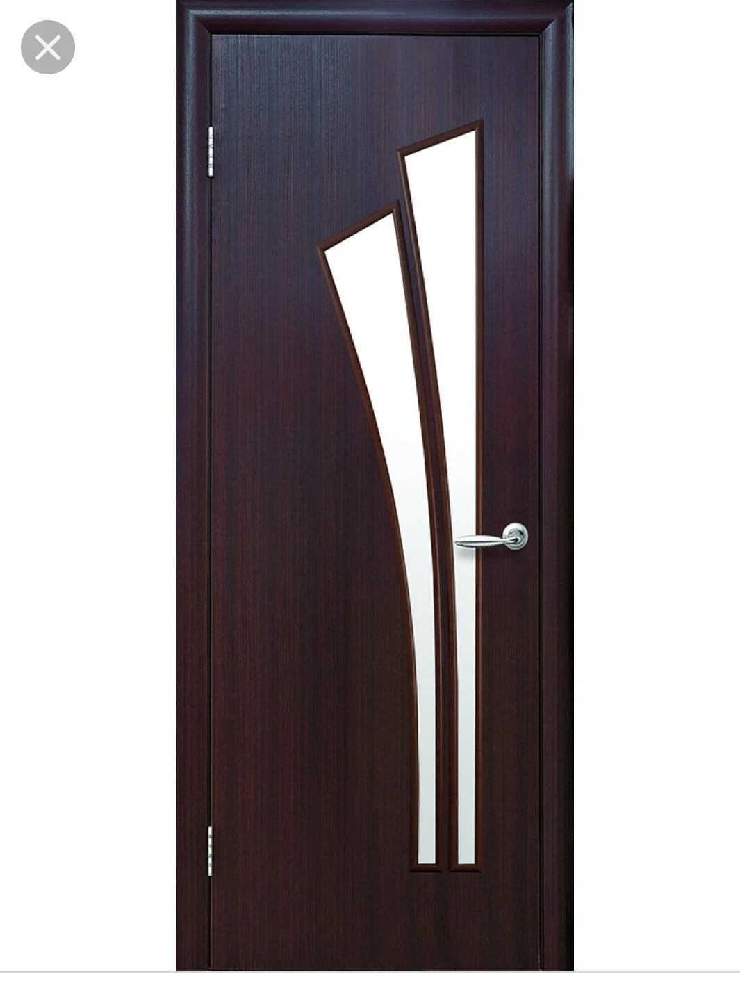 Dark wood door with modern geometric glass design and metal handle.