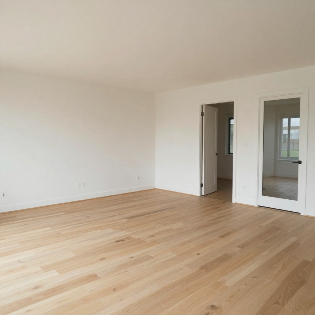 Empty room with light wood flooring, white walls, and two doors - one open door and one glass door leading to another room with window.