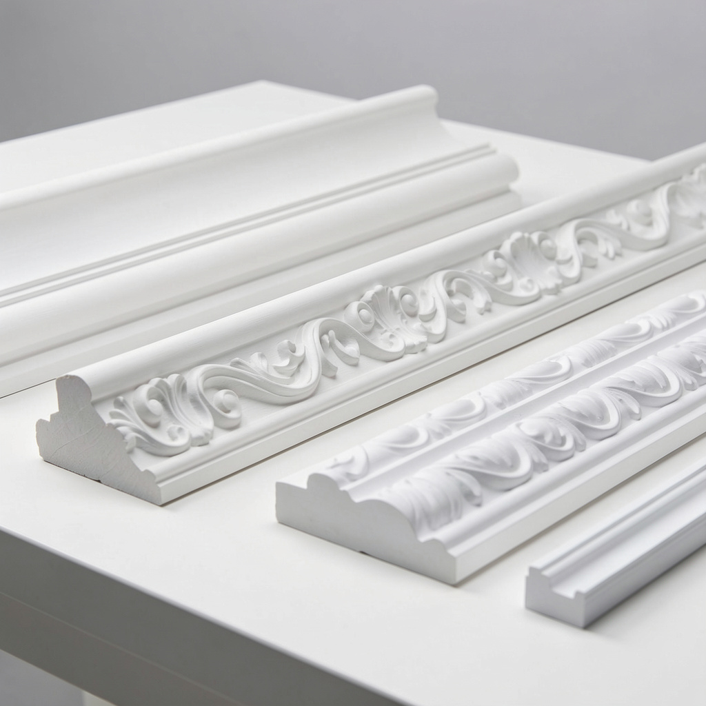 Close-up of white decorative crown molding with intricate scroll and floral patterns.