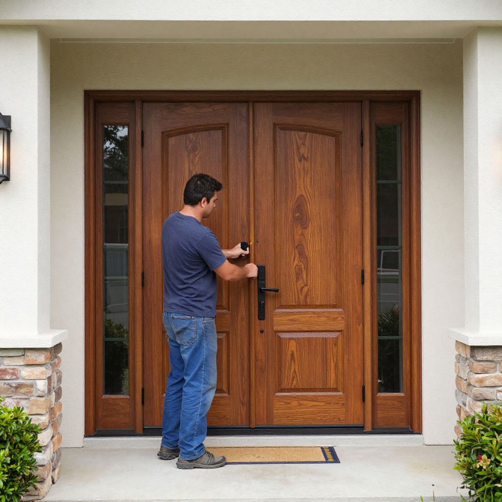 A man unlocking a wooden front door of a house.