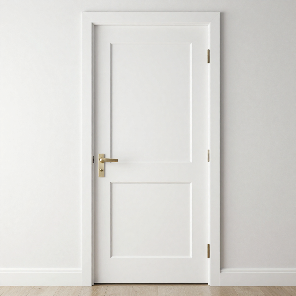 White interior door with gold handle and hinges set in a white wall.