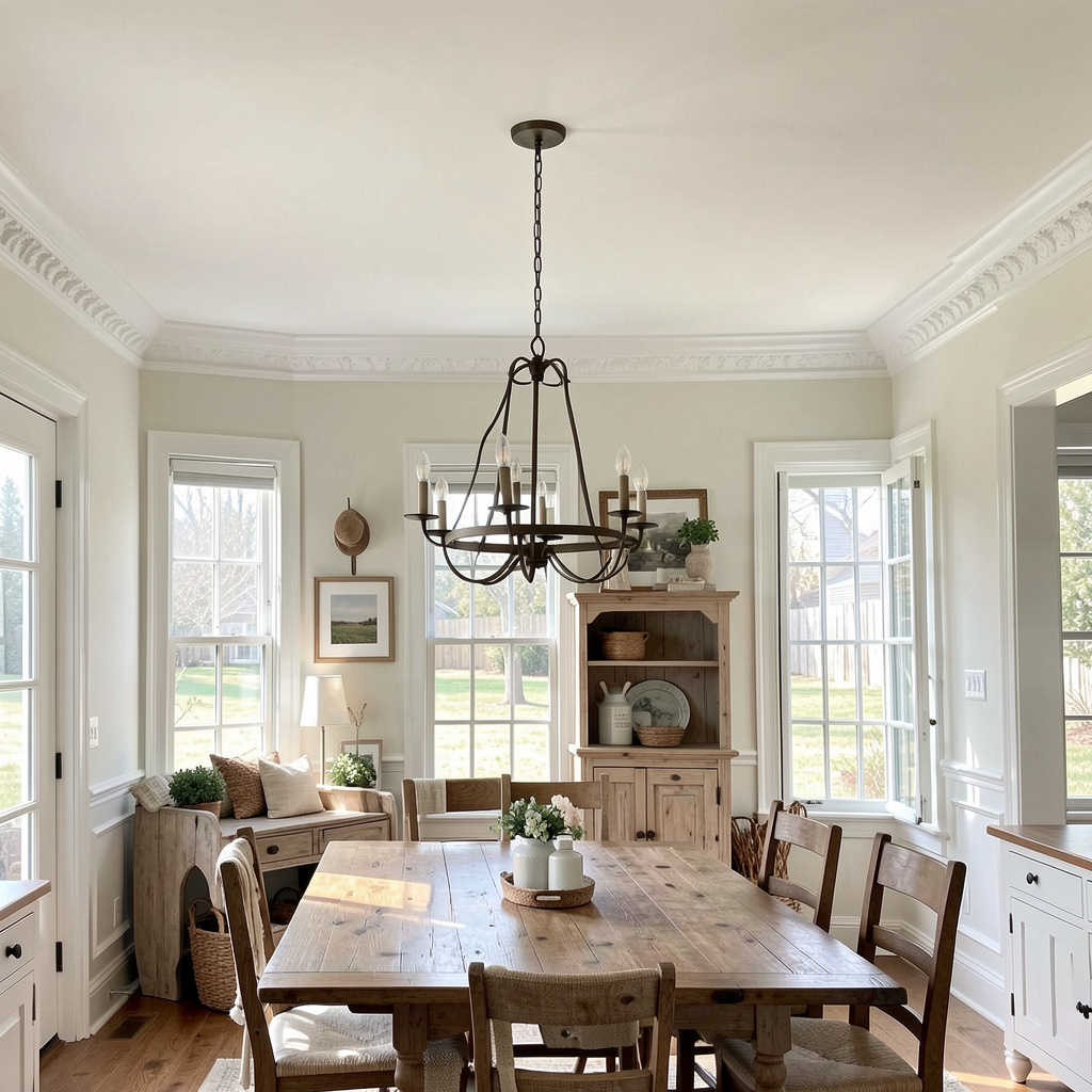 Bright dining room with a wooden table, six chairs, a chandelier, and large windows letting in natural light.