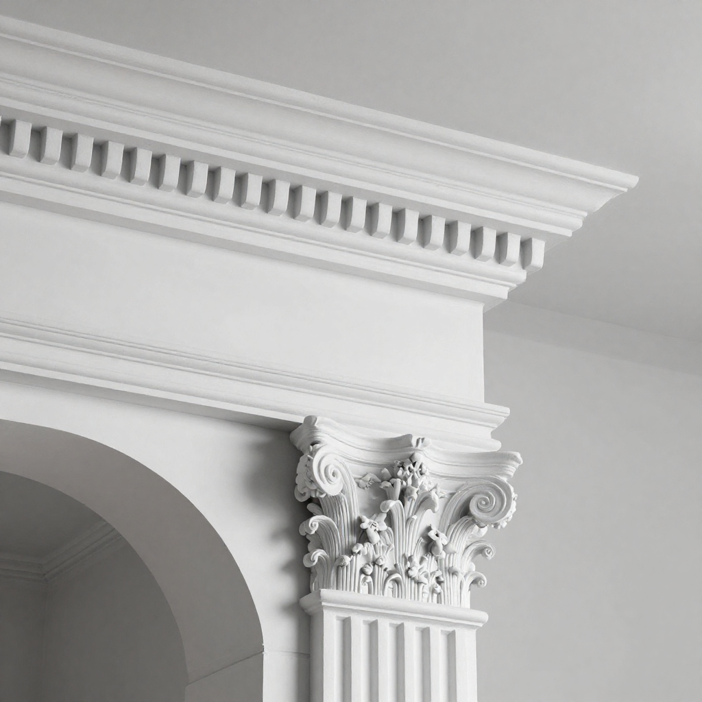 Ornate white classical architectural crown molding with decorative corbel and detailed floral and scroll motifs.