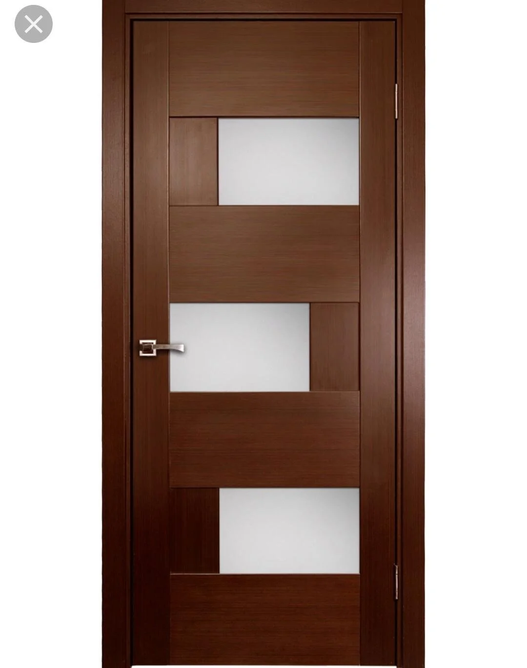 A wooden door with horizontal glass panels and a silver handle.