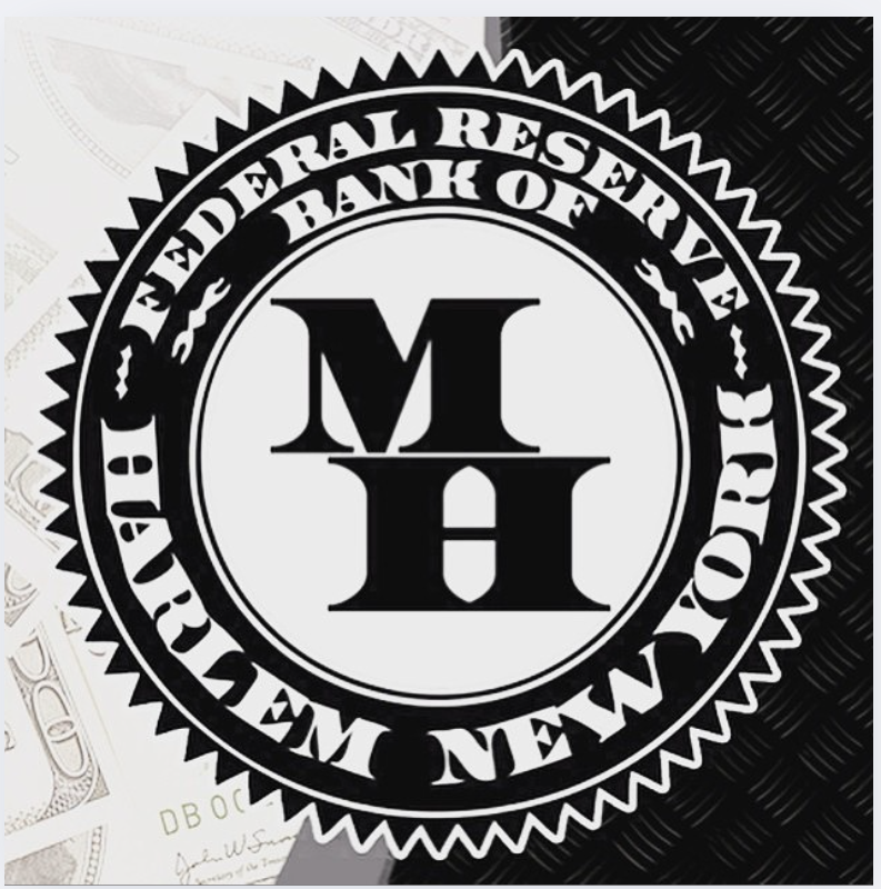 Official seal of the Federal Reserve Bank of New York with monogram 'M H' in the center, superimposed on US dollar bills.