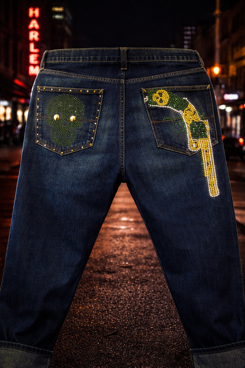 Couture Crystal Skull & Pistol Jeans
