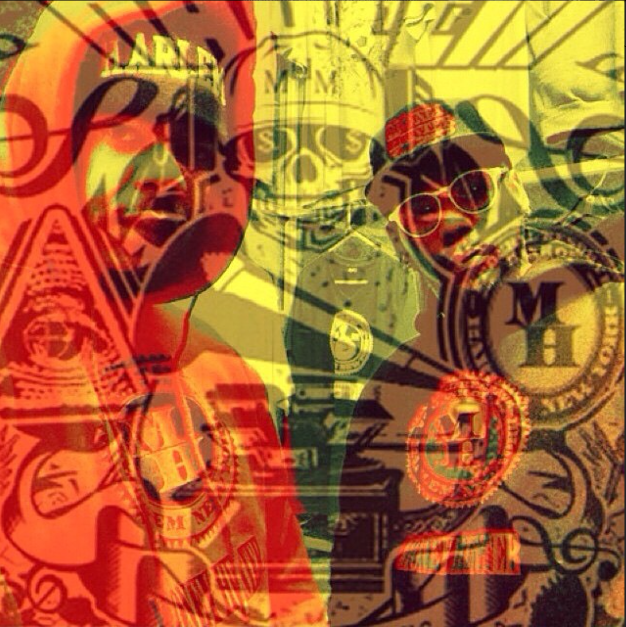 Overlapping images of two men wearing sunglasses and caps, with dollar bills and monetary symbols in the background, creating a layered, vibrant collage.