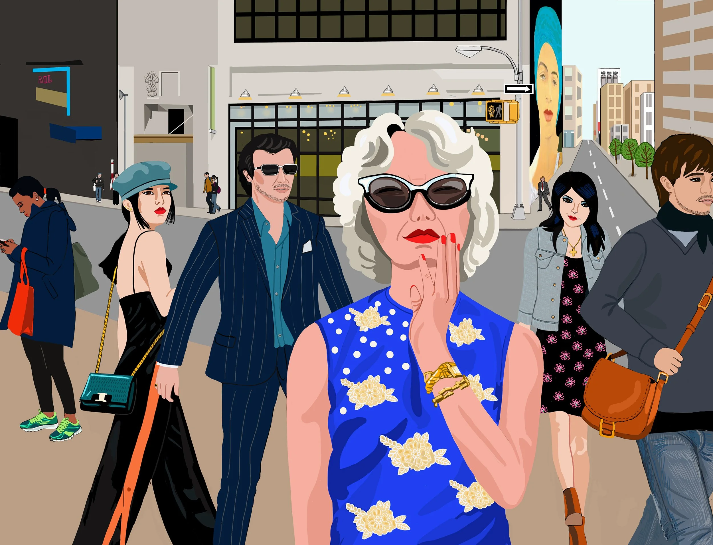Homage to Vivian Maier and Alex Katz. Illustration of people walking on a busy street in Manhatten.