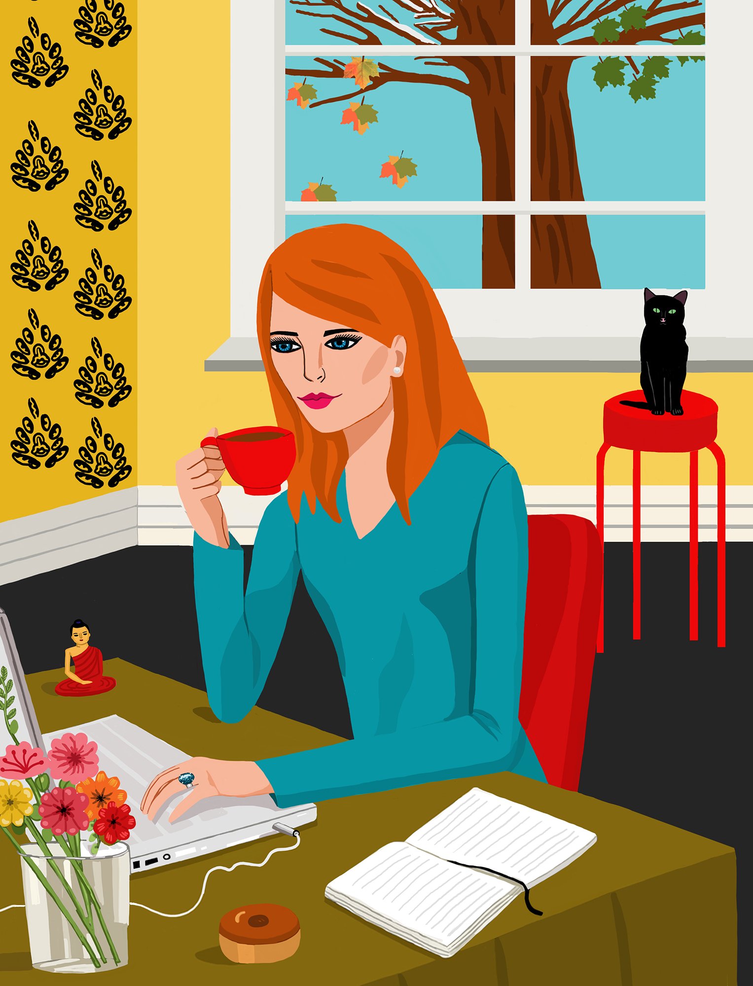 An illustration of a woman with red hair sitting at a desk, holding a red cup, with a laptop, an open notebook, and a vase of flowers in front of her. A black cat is sitting on a red table behind her, and a window shows a tree with autumn leaves outs