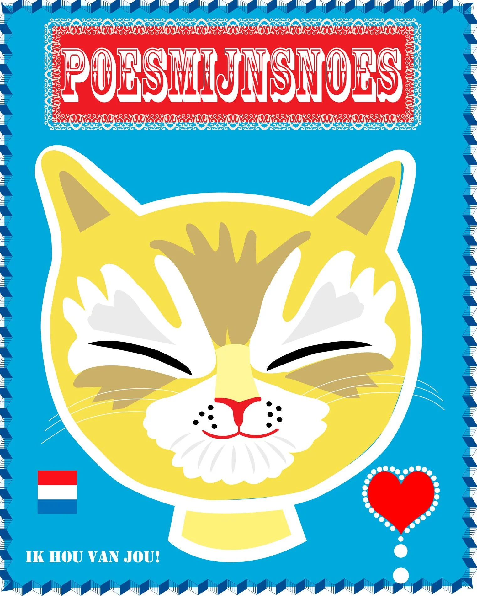 Cover of a book titled 'PoessmjnSNoes' with a cartoon image of a smiling, yellow and white cat's face, surrounded by decorative borders, a Dutch flag, and a red heart with white dots.