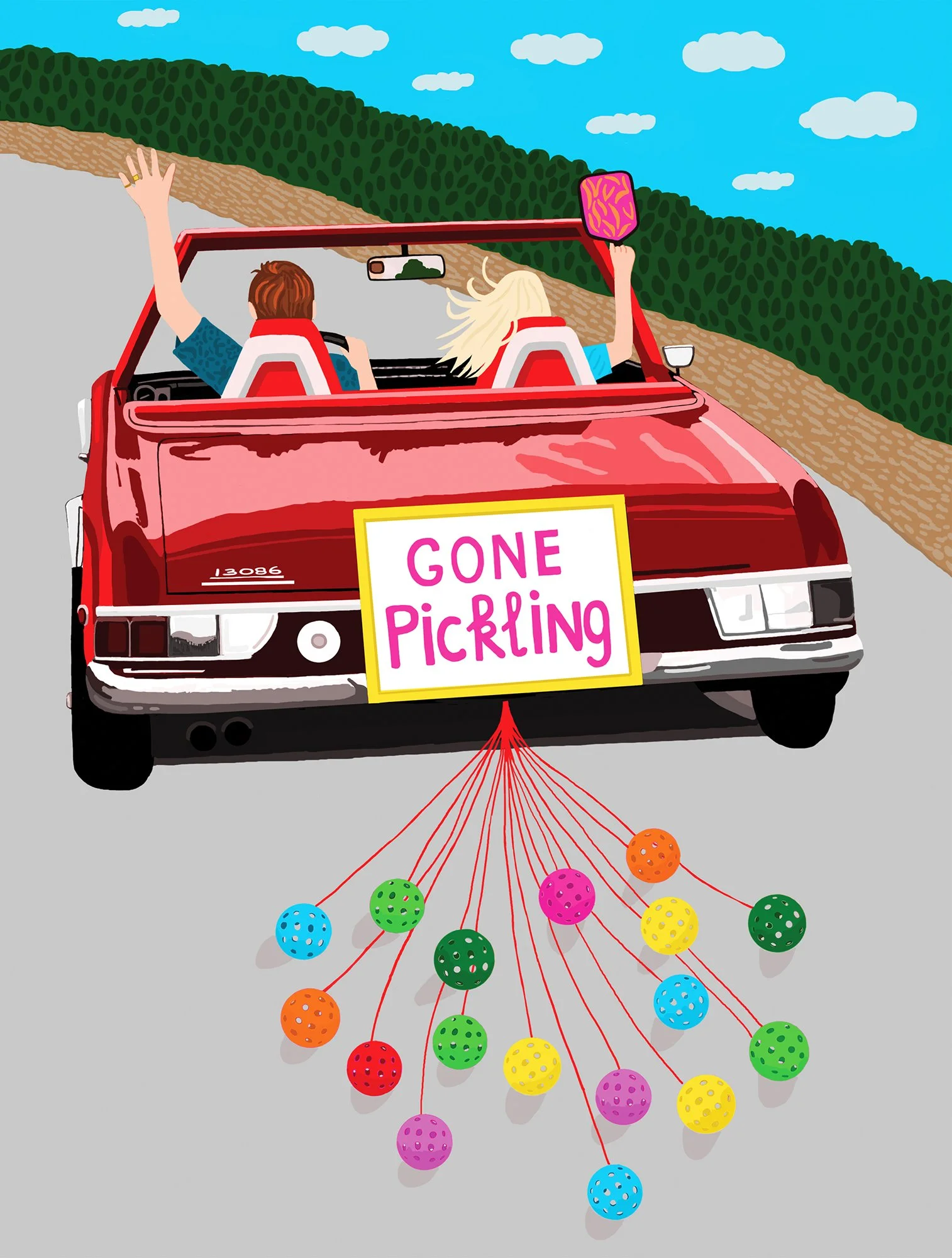 Couple in car going pickling illustration