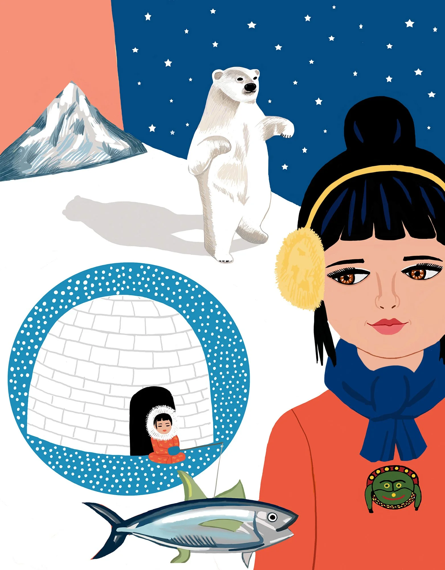 Illustration of a person in a winter coat, scarf, earmuffs, and with a painted face, standing in a snowy landscape. In the background, there's an igloo with a small figure inside, a fish hanging from a line, a polar bear standing on snow, a mountain,